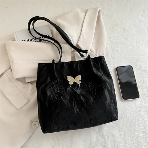 Women Pleated PU Leather Shoulder Bag Fashion Silver Butterfly Tote Bag Large Capacity Underarm Bag For Daily Commuting