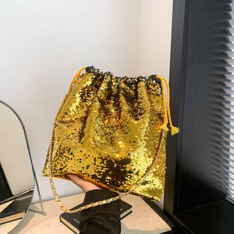 Borsa a Secchiello con Paillettes da Donna Borsa a Tracolla con Catena Lucida per Festa Banchetto Borsa a Mano Street Style
