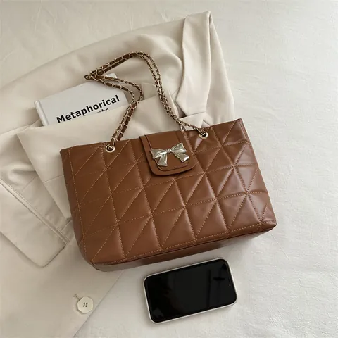 Damen Gesteppte Rhombus Tote Bag Mode PU Leder Umhängetasche Mit Silberschleife Metallschnalle Kettenriemen Große Kapazität