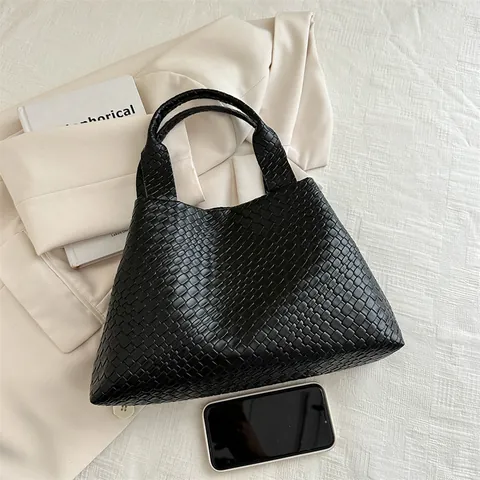 Large Capacity Woven Leather Bucket Bag For Women Street Trend Solid Color Shoulder Bag Handheld Tote Shopping Bag