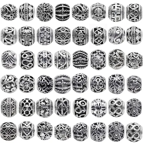 Antique Silver Alloy Hollow Beads DIY Jewelry Making Charms For Bracelet Necklace Vintage Bohemian Flower Geometric Large Hole Spacer Beads