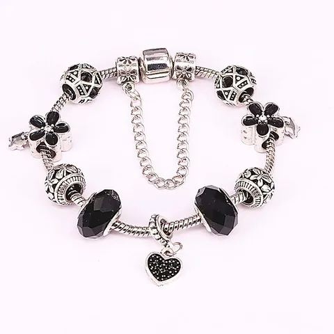 Women DIY Charm Bracelet With Heart Pendant Black Crystal Glass Beads Silver Plated Alloy Snake Chain Bracelet Jewelry