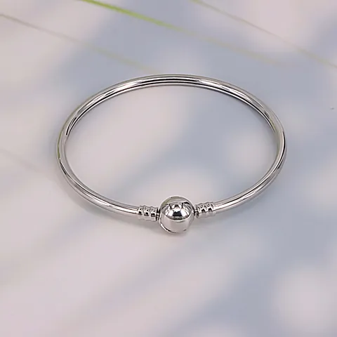 Polished Round Ball Clasp Bangle Bracelet Silver Plated Rigid DIY Charms Base Bracelet For Women Minimalist European Jewelry Accessory