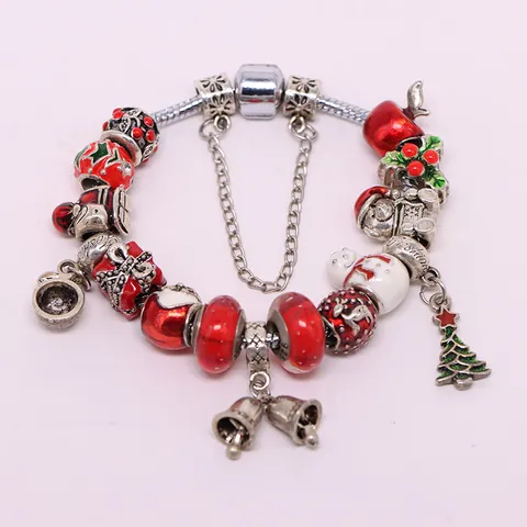 Christmas Festive Charm Bracelet For Women Alloy Enameled Santa Snowman Bell Pendant DIY Beaded Snake Chain Bracelet Party Jewelry Gift