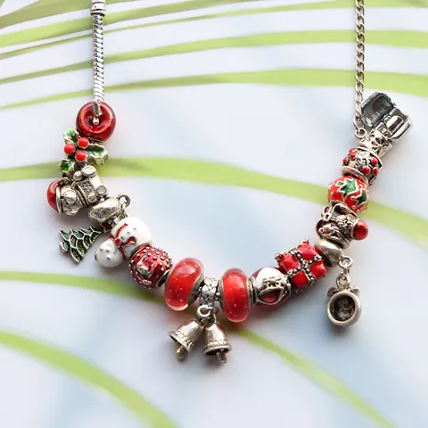 Christmas Festive Charm Bracelet For Women Alloy Enameled Santa Snowman Bell Pendant DIY Beaded Snake Chain Bracelet Party Jewelry Gift