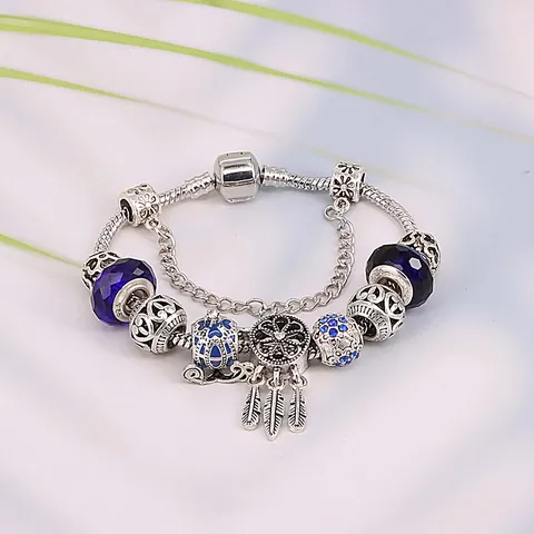 Pulsera De Charms DIY Para Mujer Aleación Plateada Cadena Serpiente Cuentas Vidrio Azul Atrapasueños Carruaje Calabaza Colgante