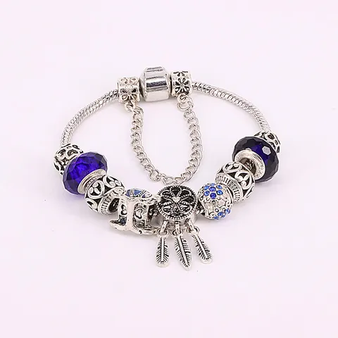 Pulsera De Charms DIY Para Mujer Aleación Plateada Cadena Serpiente Cuentas Vidrio Azul Atrapasueños Carruaje Calabaza Colgante