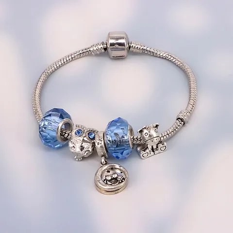 Bracelet à Charms DIY pour Femmes Filles Perles en Verre Bleu Pendants Hibou Licorne Étoile Lune Chaîne Serpent en Alliage Bijoux Cadeau