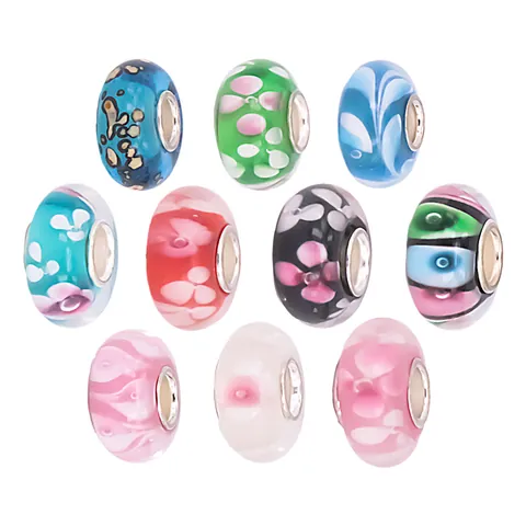 DIY European Floral Lampwork Glass Beads With Metal Core Large Hole Charm Beads For Bracelet Jewelry Making Findings