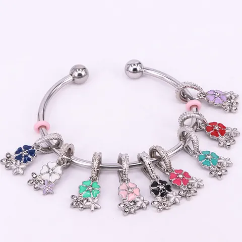 Enamel Cherry Blossom Flower Charms For Jewelry Making DIY Alloy Rhinestone Pendants For Bracelet Necklace Women Accessories