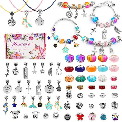 DIY Jewelry Bracelet Making Kit For Girls Unicorn Rainbow Alloy Charms Colorful Glass Beads Snake Chain Bracelets Jewelry Set