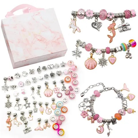 DIY Charm Armband Maken Kit voor Kinderen Legering Glazen Kralen Zeemeermin Eenhoorn Hangers Geschenkdoos Sieradenset