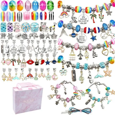 Kit per la Creazione di Gioielli Fai da Te per Ragazze Perline di Vetro Colorate Ciondoli in Lega Bracciali a Catena in Acciaio Inossidabile Scatola di Marmo Rosa