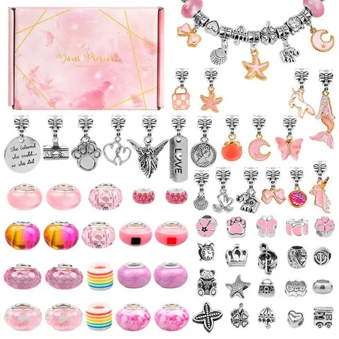 DIY Jewelry Making Kit For Girls Including Glass Beads Alloy Pendants Snake Chain Bracelets Wax Cords Unicorn Mermaid Rainbow Theme Birthday Gift For Kids