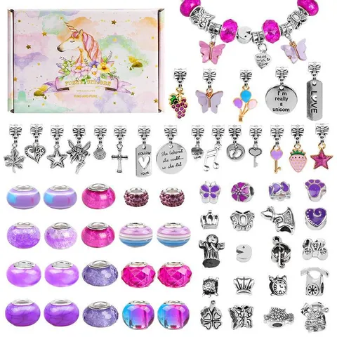 DIY Jewelry Making Kit For Girls Including Glass Beads Alloy Pendants Snake Chain Bracelets Wax Cords Unicorn Mermaid Rainbow Theme Birthday Gift For Kids