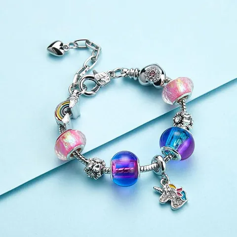 Unicorn Charm Bracelet Alloy Snake Chain Colorful Glass Beads Rainbow Heart Pendant Adjustable Jewelry Gift For Girls