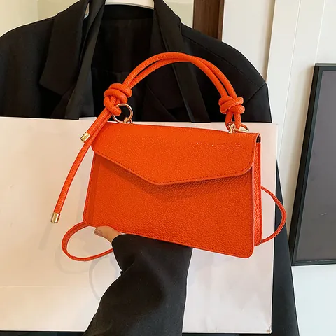 Women Litchi Pattern PU Leather Crossbody Bag Knotted Handle Fashion Shoulder Bag Minimalist Square Handbag For Daily Commuting