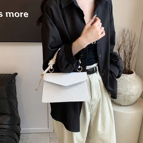 Women Litchi Pattern PU Leather Crossbody Bag Knotted Handle Fashion Shoulder Bag Minimalist Square Handbag For Daily Commuting