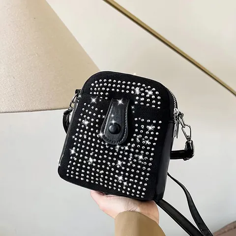 Women Mini Rhinestone Square Bag PU Leather Chain Crossbody Mobile Phone Bag Rivet Decor Single Shoulder Bag Daily Party