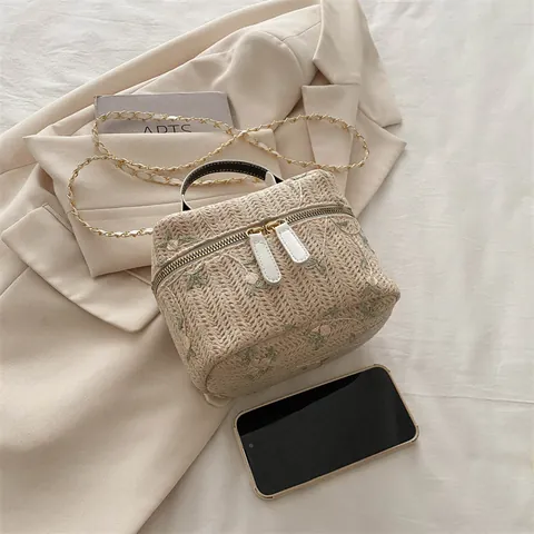 Women Floral Embroidery Straw Woven Handheld Box Bag Summer Casual Lace Chain Strap Crossbody Bag Beach Pastoral Handbag