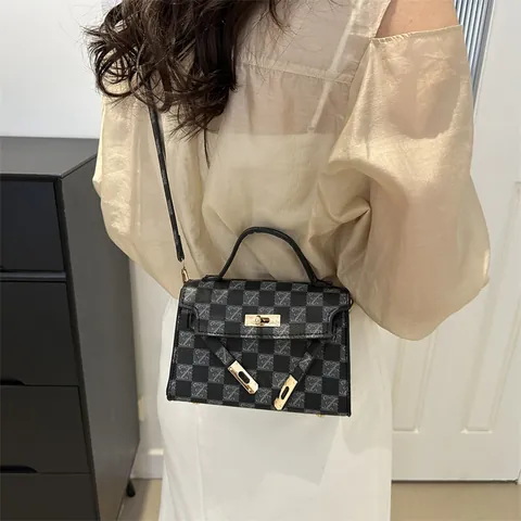Bolso Bandolera Vintage con Monograma de Tablero de Ajedrez Estilo Kelly para Mujer Bolso de Cuero PU Retro Francés con Cierre