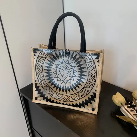 Women Transparent PVC Tote Bag Jute Straw Splicing Large Capacity Shoulder Bag Ethnic Mandala Pattern Summer Beach Handbag