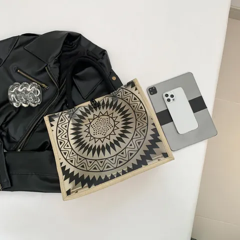 Women Transparent PVC Tote Bag Jute Straw Splicing Large Capacity Shoulder Bag Ethnic Mandala Pattern Summer Beach Handbag