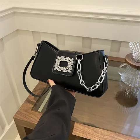 Borsa Sottobraccio in Ecopelle da Donna Fibbia Quadrata di Strass Catena Argentata Tracolla Chic Baguette per Party