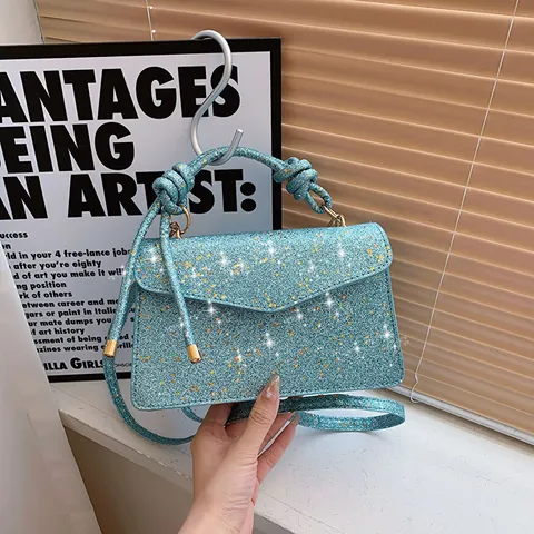 Fashion Women Glitter Sequin Handbag With Knotted Handle Star Pattern Envelope Flip Crossbody Shoulder Bag For Party Banquet