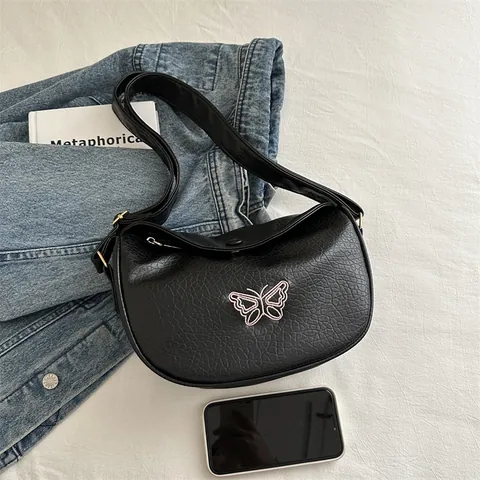 Damen Mode Schmetterling Stickerei PU Leder Dumpling Tasche Sommer Casual Minimalistische Umhängetasche Trendy Satchel
