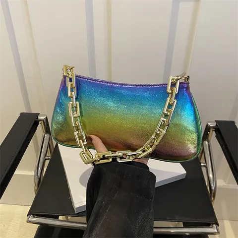 Fashion PU Leather Underarm Bag With Thick Gold Chain Strap Iridescent Metallic Shoulder Bag For Women Party Daily Use