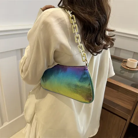Fashion PU Leather Underarm Bag With Thick Gold Chain Strap Iridescent Metallic Shoulder Bag For Women Party Daily Use
