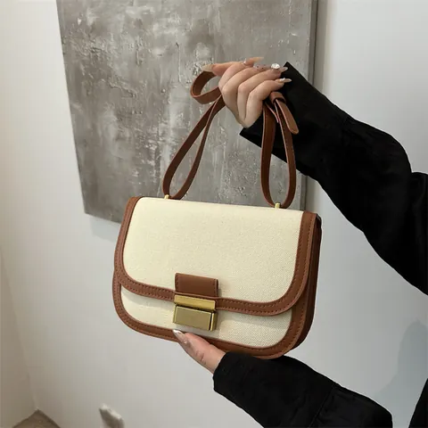 Vintage Leinwand Leder Patchwork Satteltasche Kleine Quadratische Schultertasche Umhängetasche Für Damen Gold Metallschloss