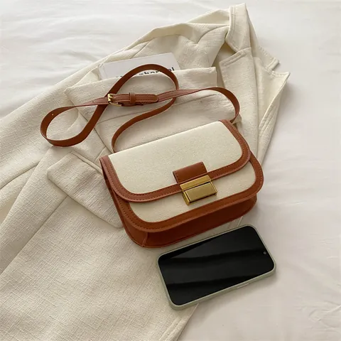 Vintage Leinwand Leder Patchwork Satteltasche Kleine Quadratische Schultertasche Umhängetasche Für Damen Gold Metallschloss