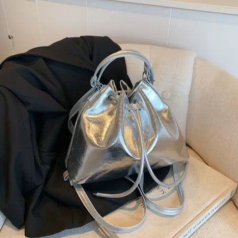 Fashion Women PU Leather Bucket Bag Minimalist Large Capacity Drawstring Shoulder Crossbody Handbag Versatile Casual Bag