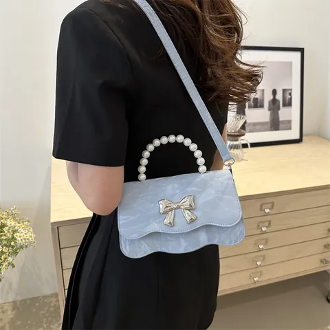 Women Trendy PU Leather Handbag With Artificial Pearl Handle Butterfly Bow Scalloped Edge Small Square Crossbody Shoulder Bag For Daily Party