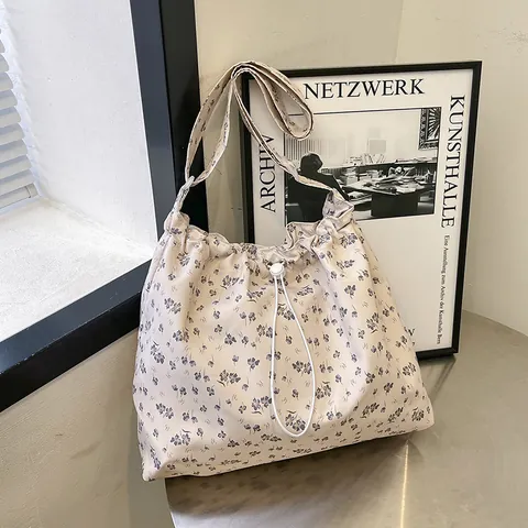 Women Floral Print Drawstring Tote Bag Canvas Large Capacity Shoulder Bag Casual Fresh Crossbody Handbag Everyday Bag