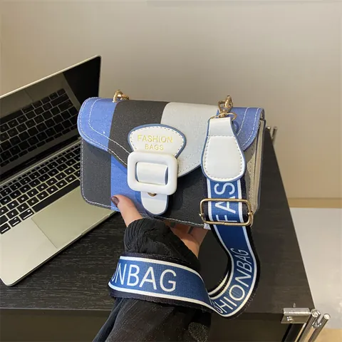 Women Fashion Small Square Crossbody Bag Minimalist Patchwork Suede Shoulder Bag With Wide Letter Strap Casual Daily Bag