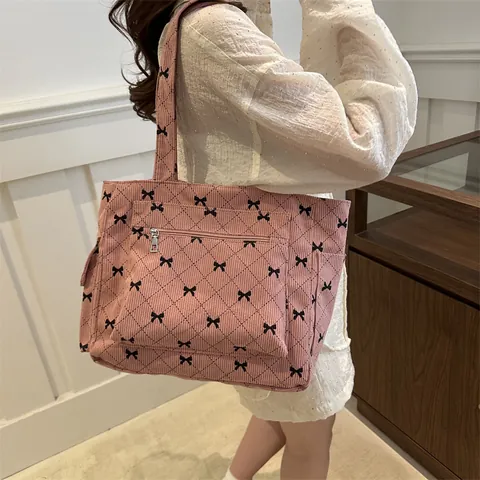 Borsa Tote da Donna in Velluto a Coste con Motivo a Fiocco Borsa Trapuntata Grande Capacità Borsa a Spalla Casual Daily Shopping