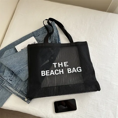 Bolso Tote de Malla para Mujer Gran Capacidad Verano Transparente Nailon Transpirable Bolso de Playa Estampado de Letras Bolso de Hombro