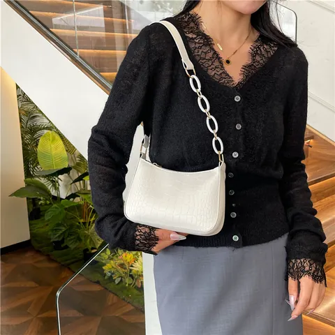 Sac Sous le Bras pour Femmes Motif Crocodile Vintage en Cuir PU Sac à Épaule Avec Bandoulière en Chaîne Acrylique Mode Sac à Main