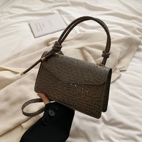 Women Croc-Effect PU Leather Shoulder Bag Knotted Handle Square Handbag Fashion Gold Hardware Crossbody Bag Elegant Bag
