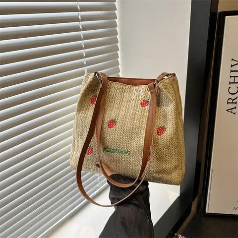 Dames Geweven Strooien Tote Bag Aardbeien Borduurwerk Grote Capaciteit Strandvakantie Handtas Mode Landelijke Stijl Schoudertas