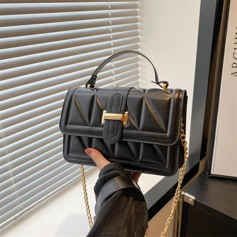 Borsa a Tracolla Trapuntata da Donna in Pelle PU Quadrata Geometrica Con Fibbia Dorata Borsa a Mano Moda Quotidiana