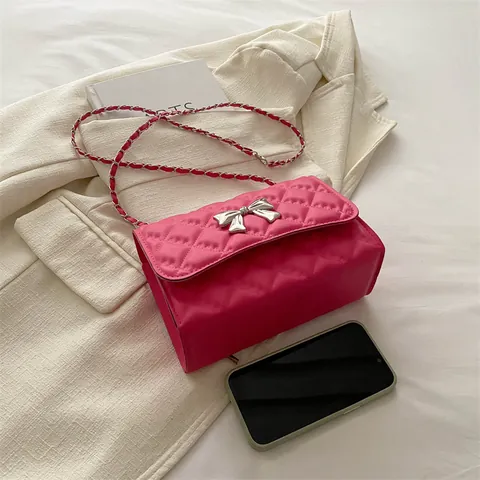 Fashion Rhombus Quilted PU Leather Crossbody Bag With Bow Decor Chain Strap Small Square Shoulder Bag For Women Daily Use