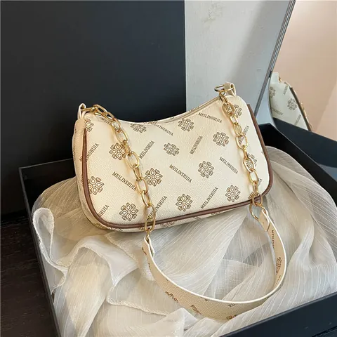 Vintage Monogramm Unterarmtasche Für Damen Einfache Mode PU Leder Kette Schultertasche Retro Bedruckte Handtasche Für Den Alltag