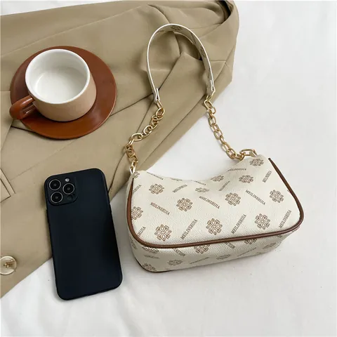 Vintage Monogramm Unterarmtasche Für Damen Einfache Mode PU Leder Kette Schultertasche Retro Bedruckte Handtasche Für Den Alltag