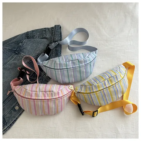 Women's Casual Canvas Striped Waist Bag Chest Bag Semicircular Saddle Crossbody Bag Lightweight Small Shoulder Bag Travel Daily