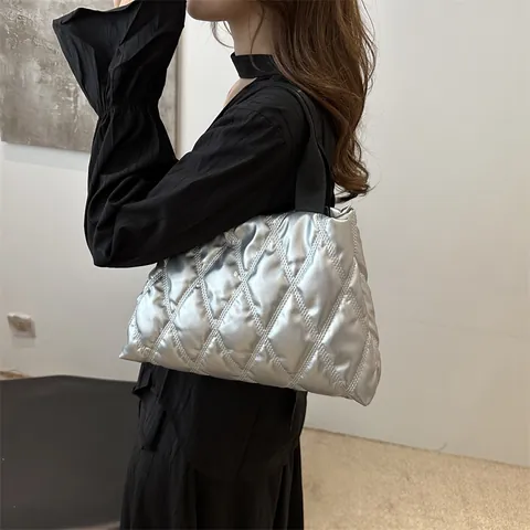 Borsa Tote da Donna Trapuntata a Rombi alla Moda Borsa a Spalla Puffy Bubble in Cotone Spaziale Borsa a Mano Casual Quotidiana