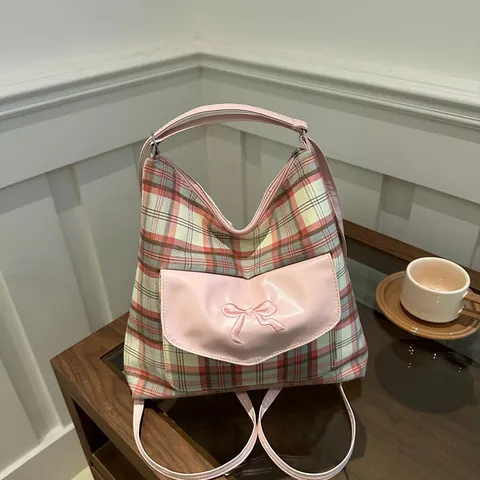 Women Large Capacity Plaid Tote Bag Nylon Shoulder Bag Sweet Bow Checkered Handbag Casual School Fashion Shopper Bag